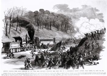General Schenck with Four Companies of the First Ohio Regiment, Surprised and Fired into by a Confederate Masked Battery, near Vienna, VA., June 17th 1861, from 'Frank Leslie's Illustrated Newspaper', June 29th 1861 (engraving) (b&w photo) | Obraz na stenu