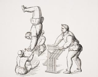 Somersaults, illustration from a facsimilie of 'Excercises in Leaping and Vaulting', by A. Tuccaro, published 1599, from 'Le Moyen Age et La Renaissance' by Paul Lacroix (1806-84) published 1847 (litho) | Obraz na stenu