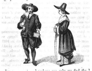 Costume of the Pilgrims, from 'The Pilgrim Fathers' by W. Bartlett, 1853 (engraving) (b&w photo) | Obraz na stenu