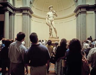 View of the David by Michelangelo and tourinsts in Galleria dell'Accademia, Florence, Italy (photo) | Obraz na stenu