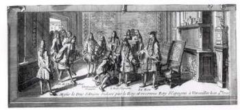 Philippe de France (1683-1746) Duke of Anjou, recognised as King of Spain by Louis XIV (1638-1715) King of France, 16th September 1700, at Versailles (engraving) (b/w photo) | Obraz na stenu