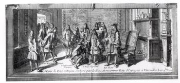 Philippe de France (1683-1746) Duke of Anjou, recognised as King of Spain by Louis XIV (1638-1715) King of France, 16th September 1700, at Versailles (engraving) (b/w photo) | Obraz na stenu