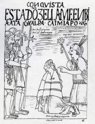Captain Ruminavi presents Francisco Pizarro and Diego de Almagro with two women (woodcut) | Obraz na stenu