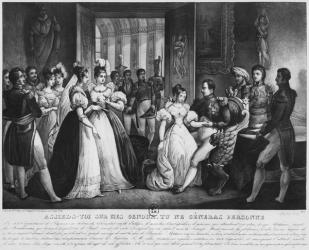 'Do sit down on my knees, it will bother no one' or a court scene, 1803 (engraving) (b/w photo) | Obraz na stenu