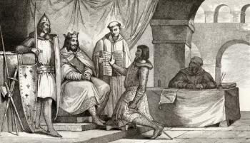 Louis II (848-79) the Stammerer receives an oath of allegiance from a noble, from 'Histoire de France' by Colart, published c.1840 (engraving) | Obraz na stenu