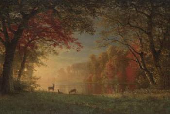 Indian Sunset: Deer by a Lake, c.1880-90 (oil on canvas) | Obraz na stenu