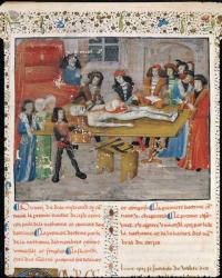 Ms H 184 fol.14v Dissection lesson at the Faculty of Medicine in Montpellier, from 'La Grande Chirurgie' by Guy de Chauliac, 1363 (vellum) | Obraz na stenu