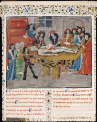 Ms H 184 fol.14v Dissection lesson at the Faculty of Medicine in Montpellier, from 'La Grande Chirurgie' by Guy de Chauliac, 1363 (vellum) | Obraz na stenu