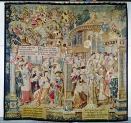Scenes from the Life of St. Remigius (d.533) bishop of Reims: the battle of Tolbiac in 496: the conversion and baptism of Clovis I (465-511), King of the Franks, 1531 (tapestry) | Obraz na stenu