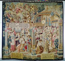 Scenes from the Life of St. Remigius (d.533) bishop of Reims: the battle of Tolbiac in 496: the conversion and baptism of Clovis I (465-511), King of the Franks, 1531 (tapestry) | Obraz na stenu