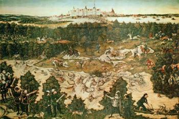 Hunt in Honour of the Emperor Charles V near Hartenfels Castle, Torgau, 1544 (oil on panel) (see also 38682, 72409 and 498129) | Obraz na stenu