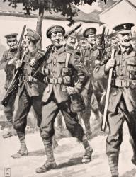 Caricature-like drawing of confident British troops on way to front line Western Front, 1915, from 'The War Illustrated Album deLuxe', published in London, 1916 (litho) | Obraz na stenu