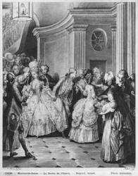 Coming out of the Opera, engraved by Georges Malbeste or Malbete (1743-1809) (engraving) (b/w photo) | Obraz na stenu