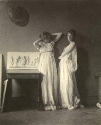 Two Female Models in Classical Costume with Eakins's Sculpture 'Arcadia', c.1883 (platinum print) | Obraz na stenu