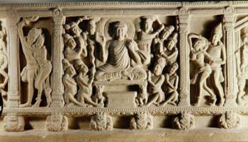 Relief depicting seated Buddha preaching surrounded by worshippers, Mathura School (stone) | Obraz na stenu