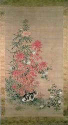 Cat amongst flowers (ink and colours on silk) | Obraz na stenu