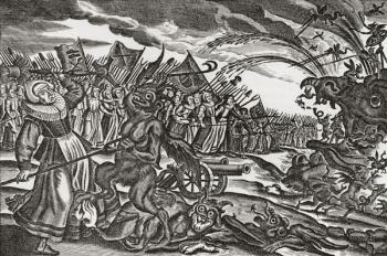 From a 17th century German satirical pamphlet on bad women. An army of women appear to be confronting an army of monsters led by a devil like creature. From Illustrierte Sittengeschichte vom Mittelalter bis zur Gegenwart by Eduard Fuchs, published 1909. | Obraz na stenu
