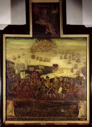 The Arrival of Queen Elizabeth I (1530-1603) at Tilbury; and the Defeat of the Spanish Armada, left hand panel, by English School (17th century) (oil on panel) | Obraz na stenu