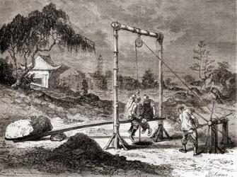 Chinese workers in the 19th century digging a well for the extraction of salt water, from 'Les Merveilles de la Science', published c.1870 (engraving) | Obraz na stenu