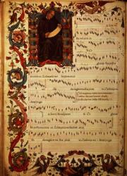 Ms Med. Pal. 87 Page of Musical Notation with historiated initial, from the Squarcialupi Codex, produced at the Florentine monastery of S. Maria degli Angeli (vellum) | Obraz na stenu