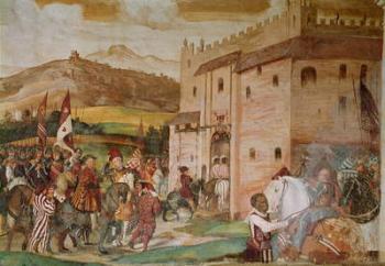 Reception of King Christian I of Denmark by the condottiere, Bartolomeo Colleoni, at the Castle of Malpaga in 1474, 1520-30 (fresco) | Obraz na stenu
