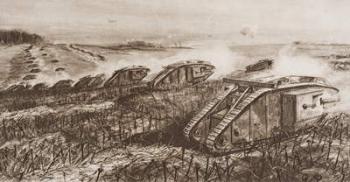 A Tank Offensive at Cambrai, France, illustration from 'The Outline of History' by H.G. Wells, Volume II, published in 1920 (litho) | Obraz na stenu