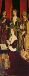 Triptych of Moses and the Burning Bush, right panel depicting Jeanne de Laval (d.1498) with St. John, St. Catherine and St. Nicholas, c.1476 (oil on panel) (see also 26542, 173010 & 232840) | Obraz na stenu