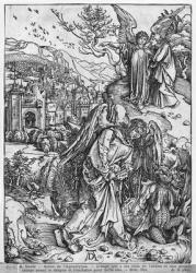Scene from the Apocalypse, The angel holding the keys of the abyss and a big chain, enchains the dragon for a thousand years, Latin edition, 1511 (woodcut) (b/w photo) | Obraz na stenu