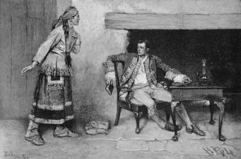 The Ojibway Maiden Disclosing Pontiac's Plot, engraved by John Tinkey (fl.1871-1901) illustration from 'The City of the Strait' by Edmund Kirke, pub. in Harper's Magazine, 1886 (litho) | Obraz na stenu