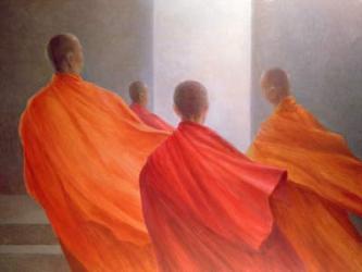 Four Monks on Temple Steps (oil on canvas) | Obraz na stenu