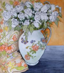 White Roses in a Patterned Jug, 2011 (pencil and w/c on paper) | Obraz na stenu
