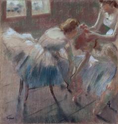 Three Dancers Preparing for Class, c.1880 (pastel on buff-colored wove paper) | Obraz na stenu