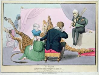 'Le Mort', George IV (1762-1830), caricature of the King grieving the death of the giraffe at London Zoo, printed by J. Netherclift, and pub. by McLean, 1829, London, (hand-coloured engraving) | Obraz na stenu