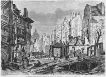 Paris, demolitions for the building of Rue des Ecoles, view taken from rue Saint-Nicolas du Chardonnet, engraved by Charles Maurand (19th century) (engraving) (b/w photo) | Obraz na stenu