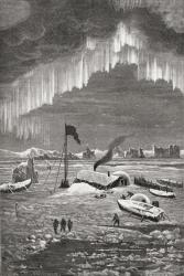 The crew of the Hansa surviving the winter in a shelter built of coal dust briquettes floating on sea ice, during the second German North Polar Expedition of 1869, with the Aurora Borealis overhead. | Obraz na stenu