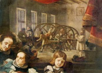 Detail from a portrait of precious stone cutter Dyonis Miseroni and family, showing engraving on glass in his workshop, 1653 (oil on canvas) | Obraz na stenu