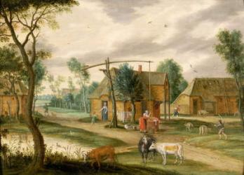 A village landscape with a woman drawing water from a well (panel) | Obraz na stenu