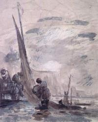 Figures with Cart and Boats on the shore, near cliffs, 19th century | Obraz na stenu