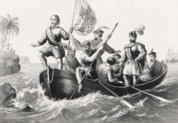 Christopher Columbus setting foot in San Salvador October 12, 1492 (engraving) | Obraz na stenu