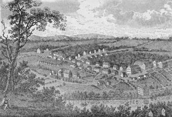 Bethlehem, a Moravian settlement in Pennsylvania, from 'The Pageant of America, Vol.3', by Ralph Henry Gabriel, 1926 (engraving) | Obraz na stenu