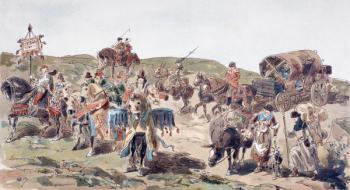 A Wagon Travelling with Escort in the 15th Century, 1886 (colour litho) | Obraz na stenu