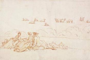 A Picnic: Two Ladies and a Gentleman (brown wash with pen & brown ink over red chalk on paper) | Obraz na stenu