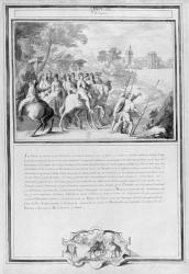 Louis II de Bourbon (1621-86) Prince of Conde with his Brother, Armand de Bourbon (1629-66) Prince of Conti and Henri II de Longueville (1595-1663) Duke of Estouteville Riding to Vincennes, 18th January 1650 (pen & ink on paper) | Obraz na stenu