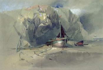 A Fishing Smack and a Small Boat drawn up on the Shore Beneath a Rocky Cliff, 19th century | Obraz na stenu