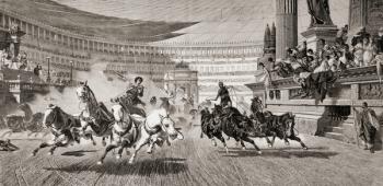 Chariot race at Roman games, after a painting by Alejandro Wagner, from 'Album Artistico', published c.1890 (litho) | Obraz na stenu