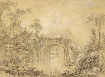 Landscape with a Rustic Bridge, c.1740 (black chalk heightened with white on cream laid paper) | Obraz na stenu