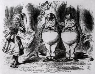 Tweedledum and Tweedledee, illustration from 'Through the Looking Glass', by Lewis Carroll, 1872 (engraving) (b&w photo) | Obraz na stenu