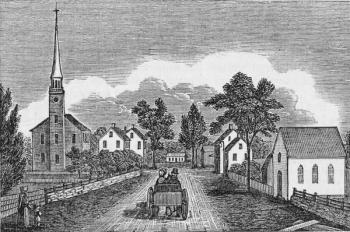 Congregational and Episcopal Churches, East Haven, from 'Connecticut Historical Collections', by John Warner Barber, 1856 (engraving) | Obraz na stenu