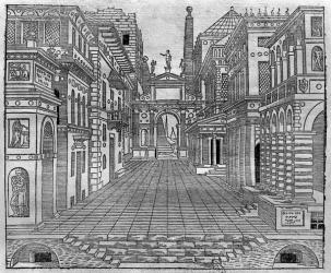 Set design for a tragic scene (engraving) (b/w photo) | Obraz na stenu