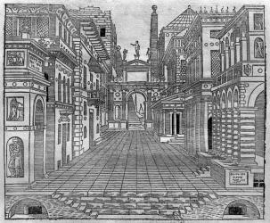 Set design for a tragic scene (engraving) (b/w photo) | Obraz na stenu